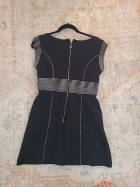 Black Sheath Dress with Cinched Waist, Buckle, Back Zipper